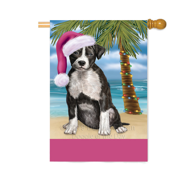 Personalized Summertime Happy Holidays Christmas American Staffordshire Dog on Tropical Island Beach Custom House Flag FLG-DOTD-A60413