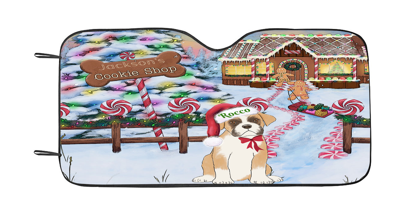 Custom Personalized Cartoonish Pet Photo and Name on Car Sun Shade in Christmas Gingerbread Cookie Shop Background