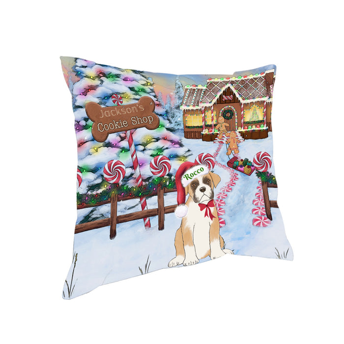 Custom Personalized Cartoonish Pet Photo and Name on Pillow in Christmas Gingerbread Cookie Shop Background