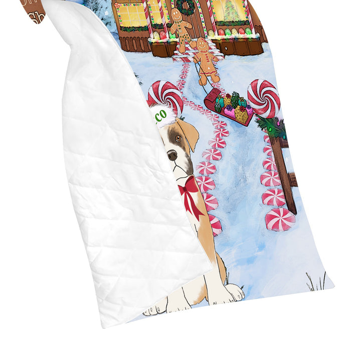 Custom Personalized Cartoonish Pet Photo and Name on Quilt in Gingerbread Cookie Shop Background