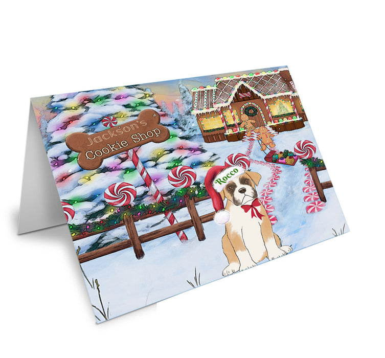 Custom Personalized Cartoonish Pet Photo and Name on Handmade Artwork Assorted Pets Greeting Cards and Note Cards with Envelopes for All Occasions and Holiday Seasons in Gingerbread Cookie Shop Background