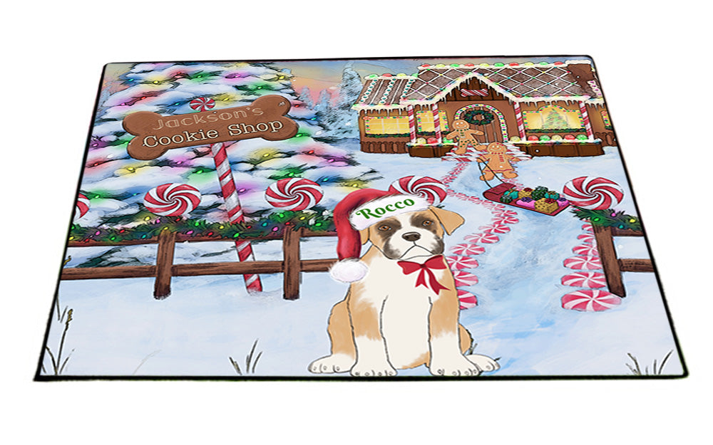Custom Personalized Cartoonish Pet Photo and Name on Floormat in Gingerbread Cookie Shop Background