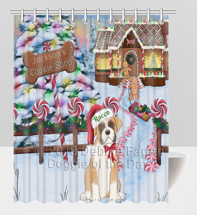 Custom Personalized Cartoonish Pet Photo and Name on Shower Curtain in Gingerbread Cookie Shop Background