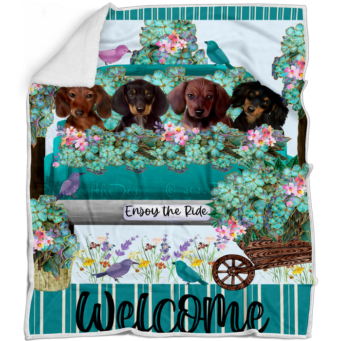 Teal Truck Striped Floral Dachshund Dogs Blanket - Lightweight Soft Cozy and Durable Bed Blanket - Animal Theme Fuzzy Blanket for Sofa Couch AA12