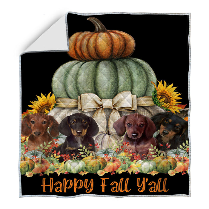 Fall Stacked Pumpkins with Bow Dachshund Dogs Quilt Bed Coverlet Bedspread - Pets Comforter Unique One-side Animal Printing - Soft Lightweight Durable Washable Polyester Quilt AA12