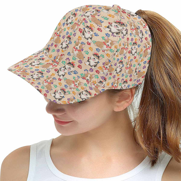 Women's All Over Rainbow Paw Print Corgi Dog Snapback Hat Cap
