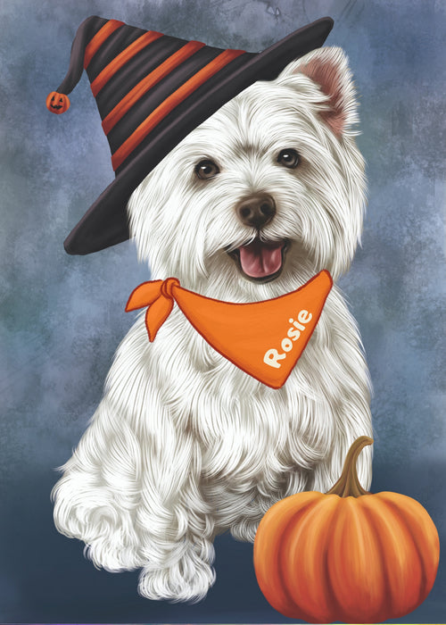 Custom Digital Painting Art Photo Personalized Dog Cat in Halloween Witch Hat with Pumpkin