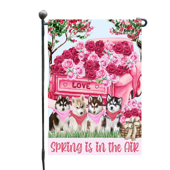 Bed of Roses Valentines Pink Truck  Siberian Husky Dogs Garden Flags - Outdoor Double Sided Garden Yard Porch Lawn Spring Decorative Vertical Home Flags 12 1/2"w x 18"h AA11