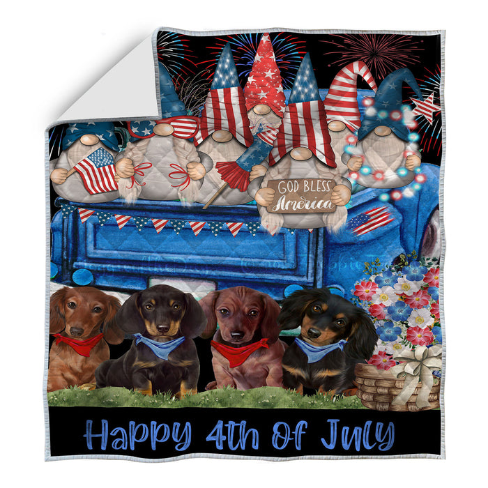 Gnome Blue Truck 4th of July Dachshund Dogs Quilt Bed Coverlet Bedspread - Pets Comforter Unique One-side Animal Printing - Soft Lightweight Durable Washable Polyester Quilt AA12
