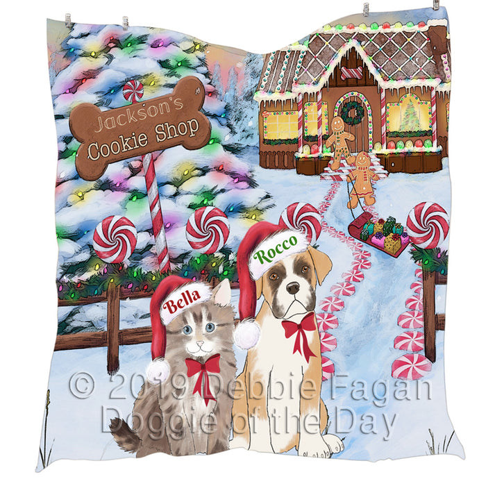 Custom Personalized Cartoonish Pet Photo and Name on Quilt in Gingerbread Cookie Shop Background