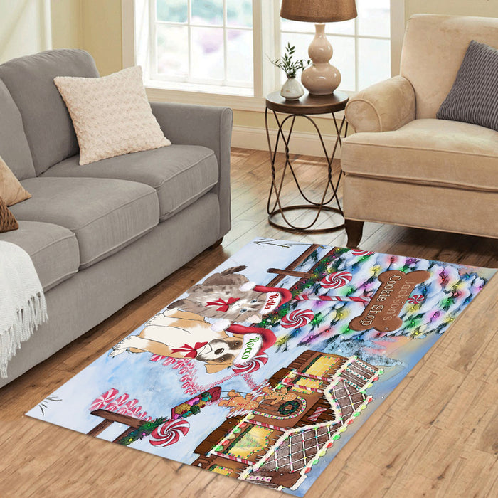 Custom Personalized Cartoonish Pet Photo and Name on Area Rug in Gingerbread Cookie Shop Background