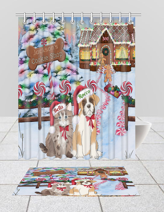 Custom Personalized Cartoonish Pet Photo and Name on Shower Curtain & Bath Mat Combo in Christmas Gingerbread Cookie Shop Background