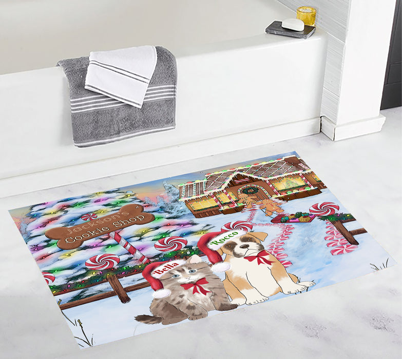 Custom Personalized Cartoonish Pet Photo and Name on Bath Mat in Gingerbread Cookie Shop Background