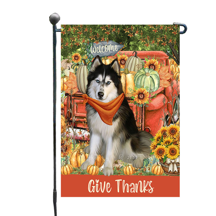 Fall Orange Truck Sunflowers and Pumpkin Siberian Husky Dogs Garden Flags - Outdoor Double Sided Garden Yard Porch Lawn Spring Decorative Vertical Home Flags 12 1/2"w x 18"h AA11