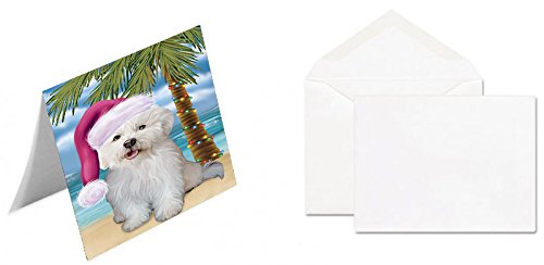 Summertime Happy Holidays Christmas Bichon Frise Dog on Tropical Island Beach Handmade Artwork Assorted Pets Greeting Cards and Note Cards with Envelopes for All Occasions and Holiday Seasons