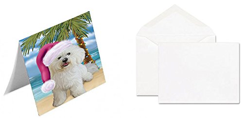 Summertime Happy Holidays Christmas Bichon Frise Dog on Tropical Island Beach Handmade Artwork Assorted Pets Greeting Cards and Note Cards with Envelopes for All Occasions and Holiday Seasons