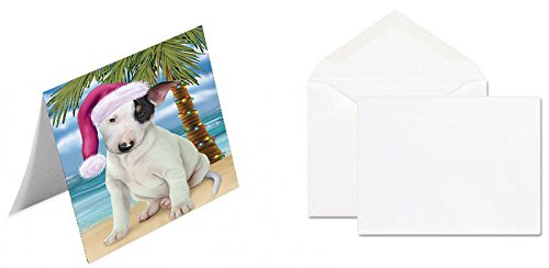 Summertime Happy Holidays Christmas Bull Terrier Dog on Tropical Island Beach Handmade Artwork Assorted Pets Greeting Cards and Note Cards with Envelopes for All Occasions and Holiday Seasons