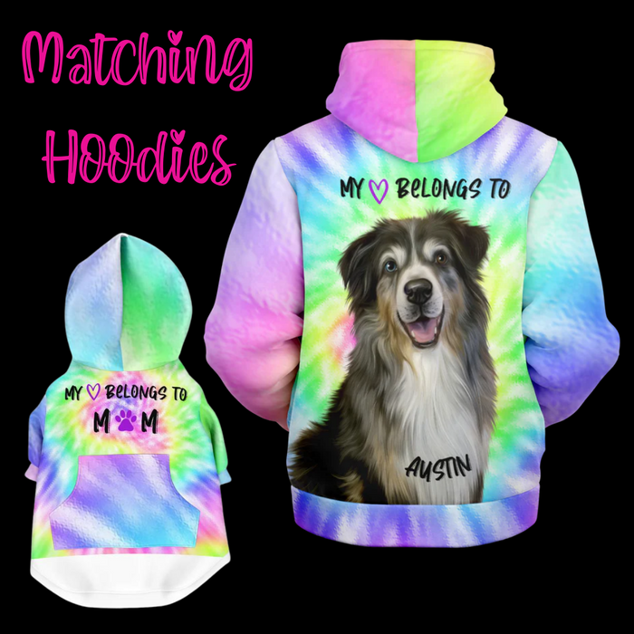 Watercolor Tie Dye Unisex Microfleece Lined Human Hoodie and Pet Hoodie Combo Personalize Custom Add Your Photo & Name