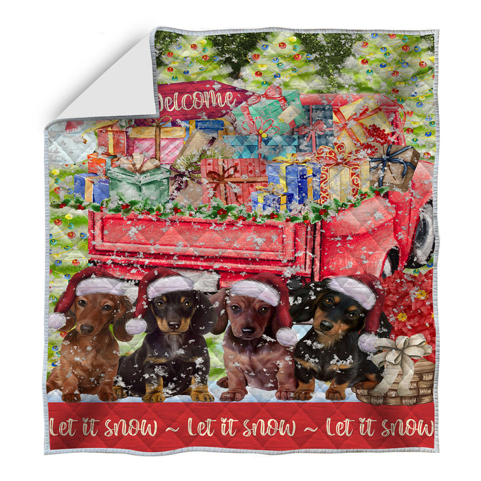Red Truck Christmas Holiday Surprise Dachshund Dogs Quilt Bed Coverlet Bedspread - Pets Comforter Unique One-side Animal Printing - Soft Lightweight Durable Washable Polyester Quilt AA12