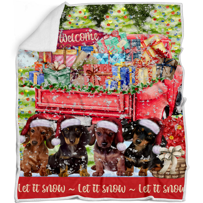 Red Truck Christmas Holiday Surprise Dachshund Dogs Blanket - Lightweight Soft Cozy and Durable Bed Blanket - Animal Theme Fuzzy Blanket for Sofa Couch AA12