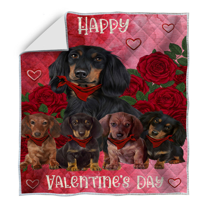 Happy Valentine Red Roses Dachshund Dogs Quilt Bed Coverlet Bedspread - Pets Comforter Unique One-side Animal Printing - Soft Lightweight Durable Washable Polyester Quilt AA13