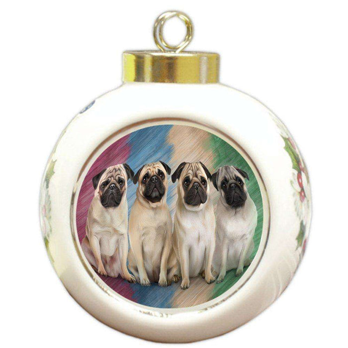 4 Pugs Dog Round Ball Christmas Ornament RBPOR48231