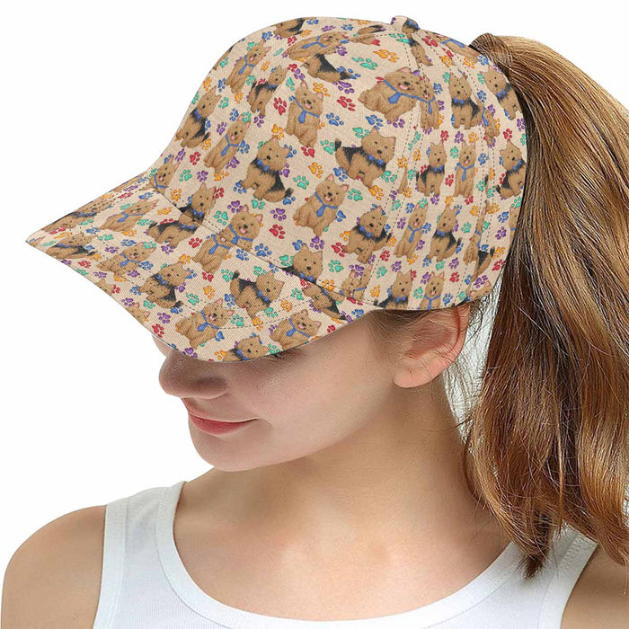 Women's All Over Rainbow Paw Print Australian Terrier Dog Snapback Hat Cap