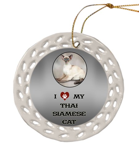 Thai Siamese Cat Christmas Doily Ceramic Ornament