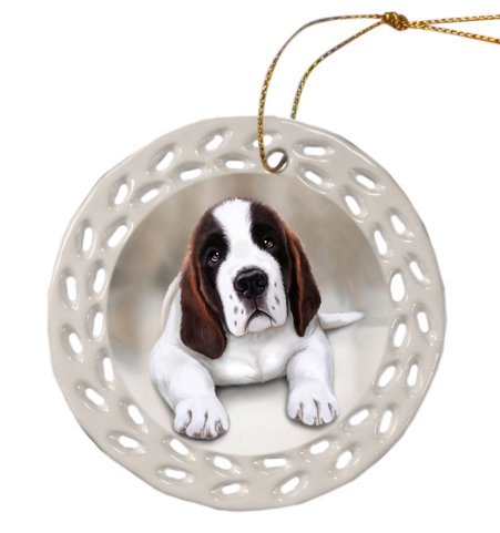 Saint Bernard Dog Christmas Doily Ceramic Ornament