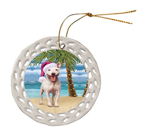 Summertime Bull Terrier Dog on Beach Christmas Round Doily Ornament POR485