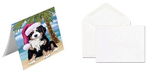 Summertime Happy Holidays Christmas Bernese Dog on Tropical Island Beach Handmade Artwork Assorted Pets Greeting Cards and Note Cards with Envelopes for All Occasions and Holiday Seasons