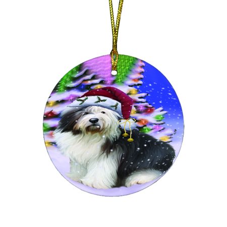 Winterland Wonderland Old English Sheepdog Dog In Christmas Holiday Scenic Background Round Ornament D521