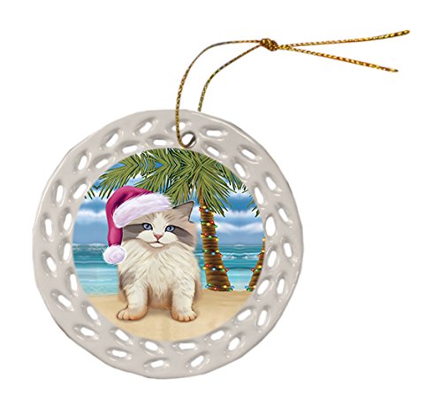Summertime Ragdoll Cat on Beach Christmas Round Doily Ornament POR621
