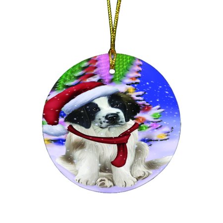 Winterland Wonderland Saint Bernard Dog In Christmas Holiday Scenic Background Round Ornament D522