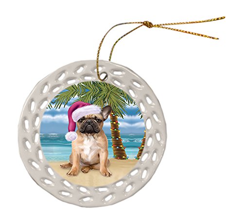 Summertime French Bulldog on Beach Christmas Round Doily Ornament POR522