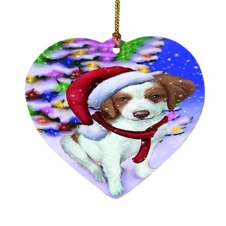 Winterland Wonderland Brittany Spaniel Dog In Christmas Holiday Scenic Background Heart Ornament D451