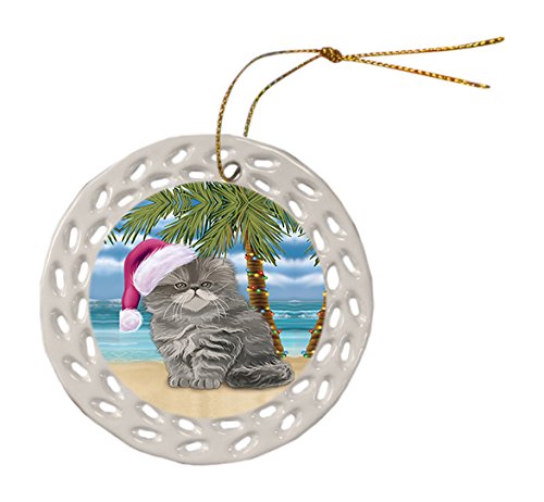 Summertime Persian Cat on Beach Christmas Round Doily Ornament POR563