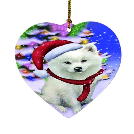 Winterland Wonderland American Eskimo Dog In Christmas Holiday Scenic Background Heart Ornament D447