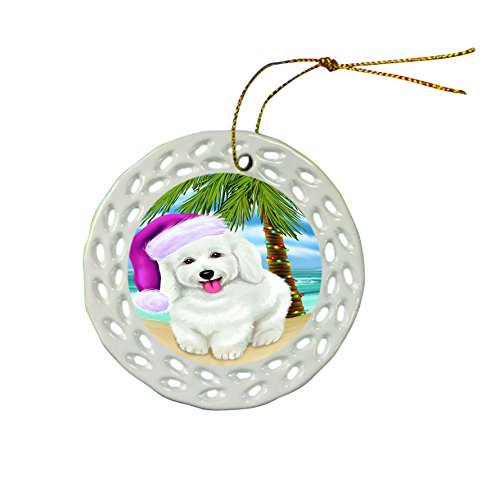 Summertime Bichon Frise Dog with Santa Hat Christmas Round Porcelain Ornament POR655