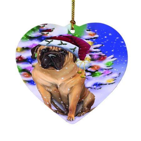 Winterland Wonderland Bullmastiff Dog In Christmas Holiday Scenic Background Heart Ornament D452