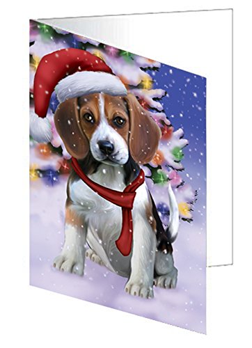 Winterland Wonderland Beagles Dog In Christmas Holiday Scenic Background Handmade Artwork Assorted Pets Greeting Cards and Note Cards with Envelopes for All Occasions and Holiday Seasons