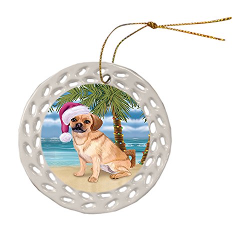 Summertime Puggle Dog on Beach Christmas Round Doily Ornament POR612