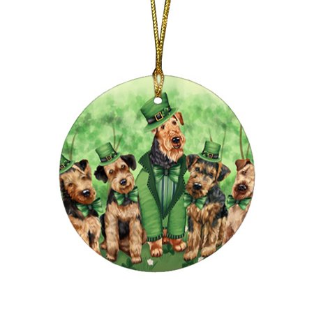 St. Patricks Day Irish Family Portrait Airedale Terriers Dog Round Christmas Ornament RFPOR48439