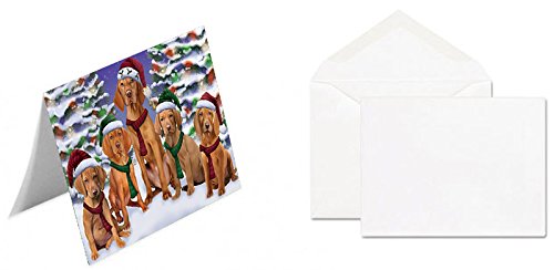 Vizsla Dog Christmas Family Portrait in Holiday Scenic Background Handmade Artwork Assorted Pets Greeting Cards and Note Cards with Envelopes for All Occasions and Holiday Seasons