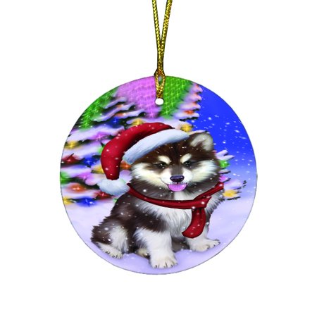 Winterland Wonderland Alaskan Malamute Dog In Christmas Holiday Scenic Background Round Ornament D444