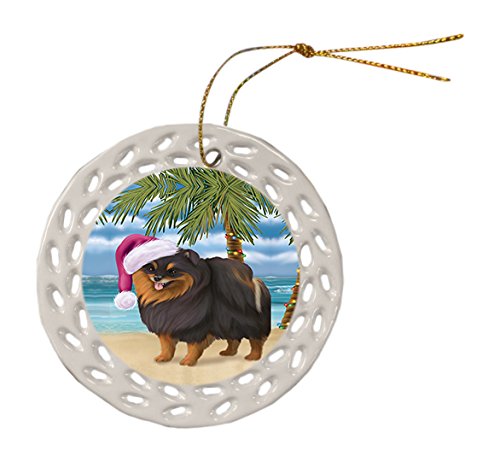 Summertime Pomeranian Spitz Dog on Beach Christmas Round Doily Ornament POR588