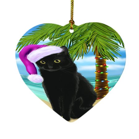 Summertime Happy Holidays Christmas Black Cat on Tropical Island Beach Heart Ornament D429