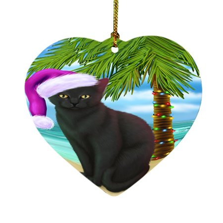 Summertime Happy Holidays Christmas Black Cat on Tropical Island Beach Heart Ornament D431