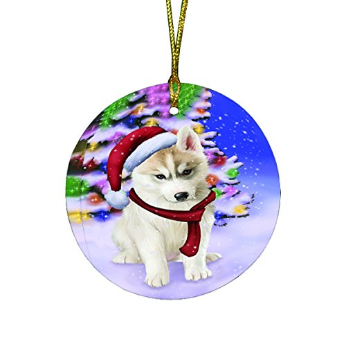 Winterland Wonderland Siberian Huskies Dog In Christmas Holiday Scenic Background Round Ornament D517