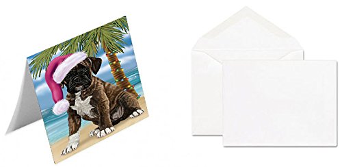 Summertime Happy Holidays Christmas Boxers Dog on Tropical Island Beach Handmade Artwork Assorted Pets Greeting Cards and Note Cards with Envelopes for All Occasions and Holiday Seasons